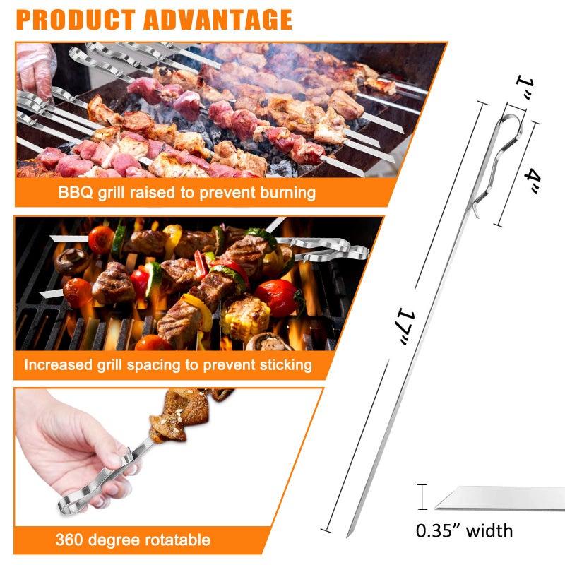 BearMoo Stainless Steel Shish Kabob Skewers - 17' Long, 0.35' Wide BBQ Skewers (Set of 6) + 2 Grill Racks + 1 Storage Case - Image 4